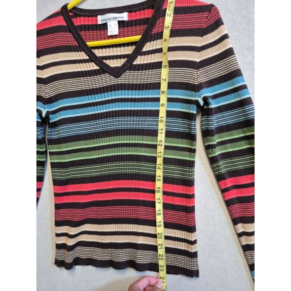 Jones New York Sport Womens Ribbed Cotton VNeck Striped Sweater Brown Multi SZ M